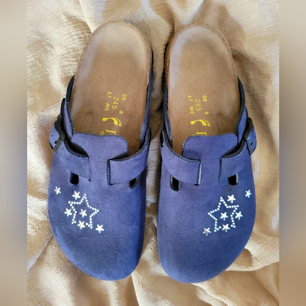 Vintage Birkenstock Papillio Navy Clogs with Silver Stars